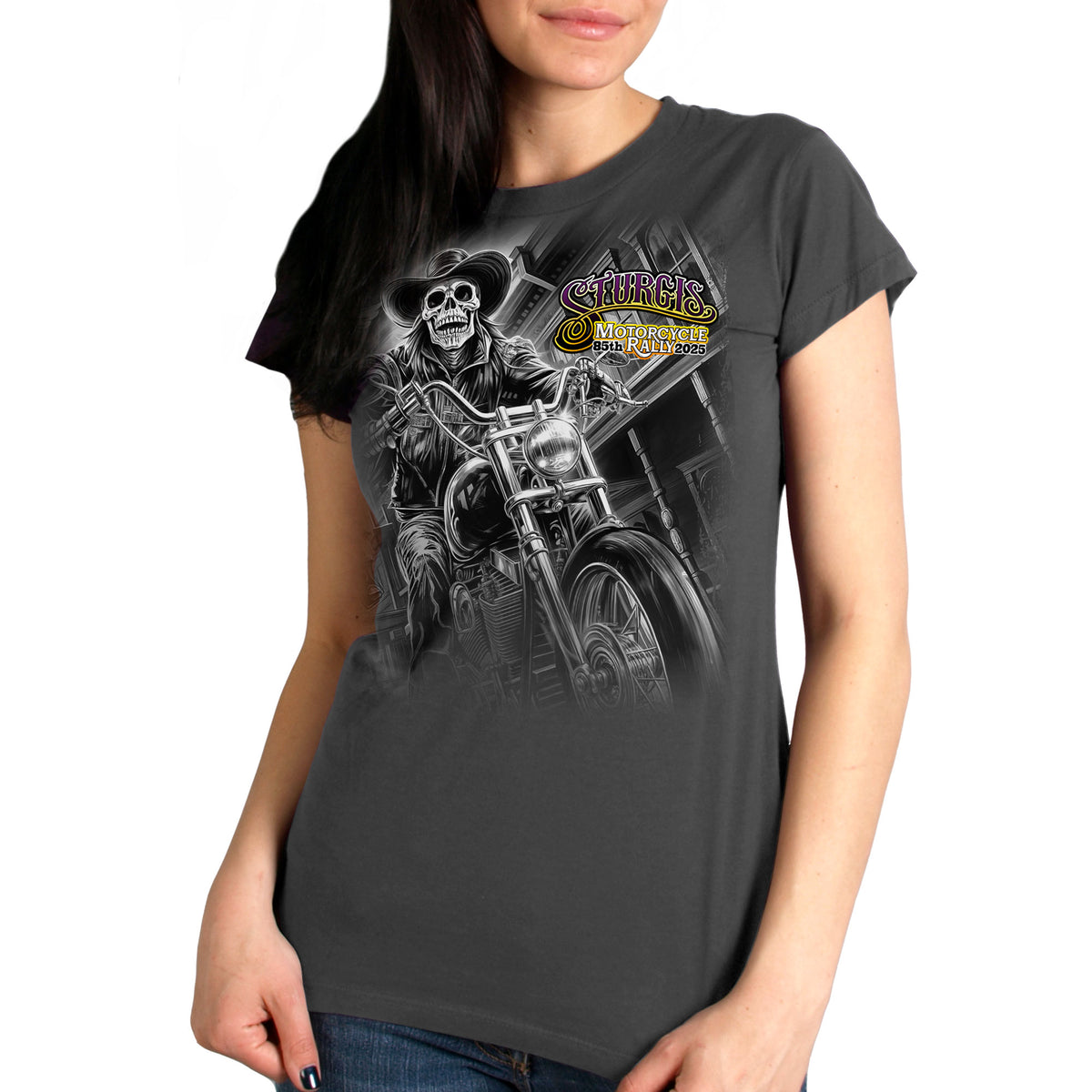 2025 Sturgis Motorcycle Rally #1 Ghost Rider  Charcoal Ladies Tee