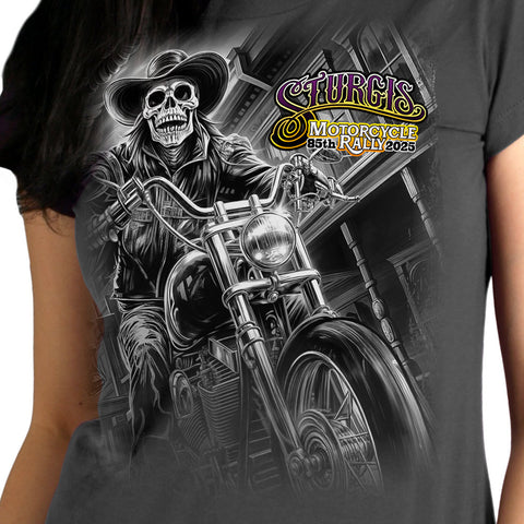 2025 Sturgis Motorcycle Rally #1 Ghost Rider  Charcoal Ladies Tee