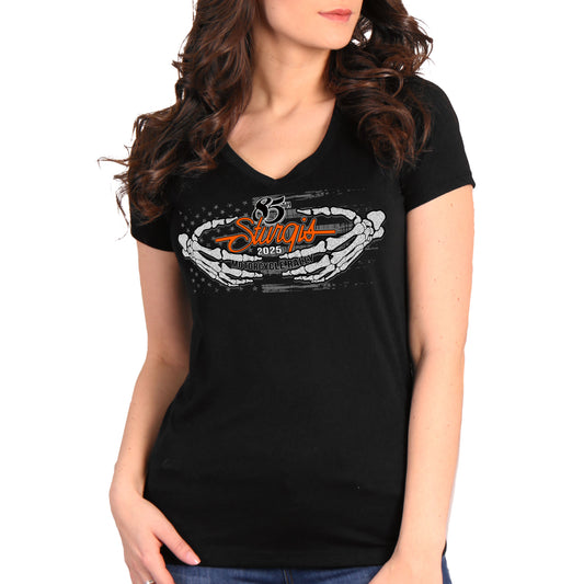 2025 Sturgis Motorcycle Rally Skeleton Hands Black Ladies Tee