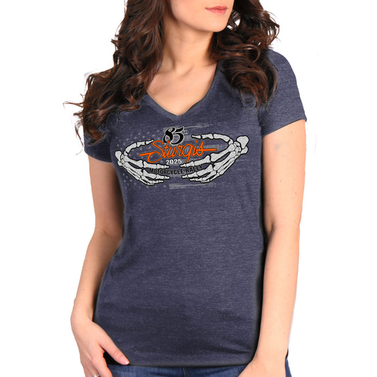 2025 Sturgis Motorcycle Rally Skeleton Hands Navy Ladies Tee