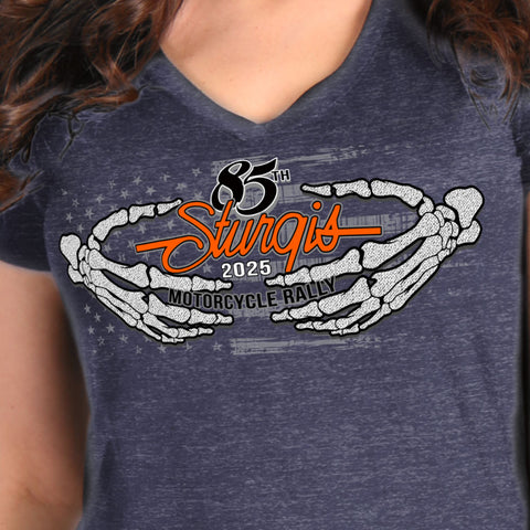 2025 Sturgis Motorcycle Rally Skeleton Hands Navy Ladies Tee