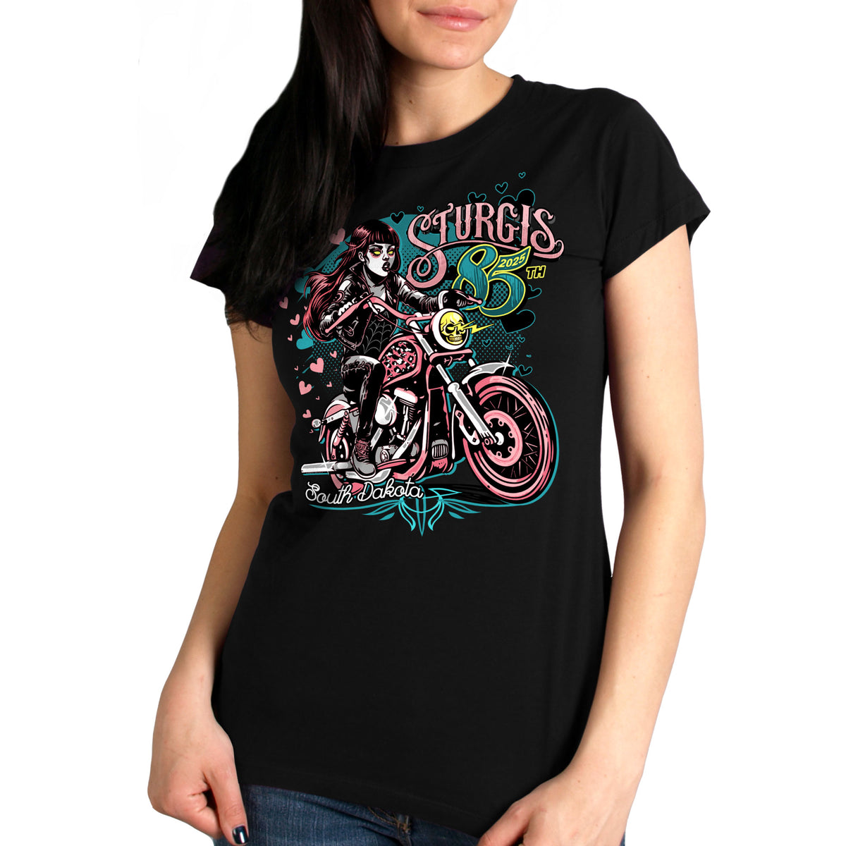 2025 Sturgis Motorcycle Rally Pink Lady Black Ladies Tee