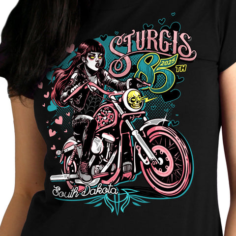 2025 Sturgis Motorcycle Rally Pink Lady Black Ladies Tee