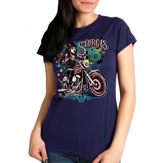 2025 Sturgis Motorcycle Rally Pink Lady Navy Ladies Tee