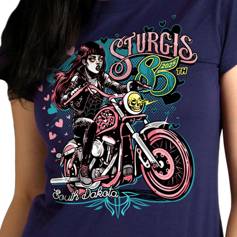 2025 Sturgis Motorcycle Rally Pink Lady Navy Ladies Tee