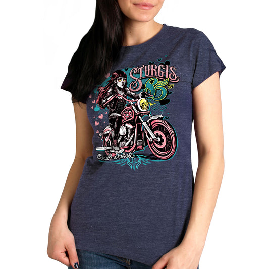 2025 Sturgis Motorcycle Rally Pink Lady Heather Blue Ladies Tee