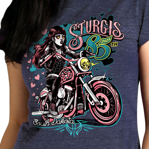 2025 Sturgis Motorcycle Rally Pink Lady Heather Blue Ladies Tee