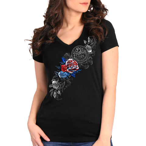 2025 Sturgis Motorcycle Rally Patriotic Roses Black Ladies Tee