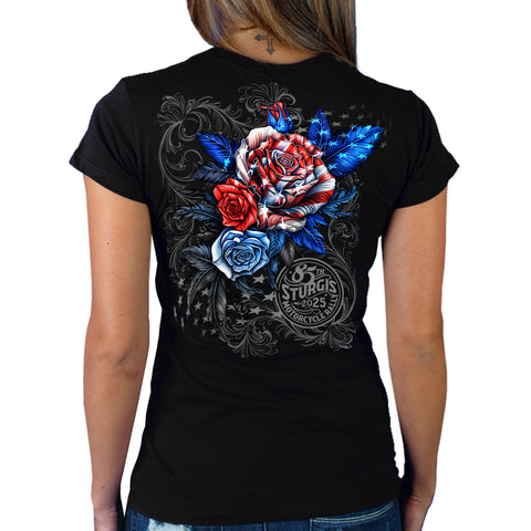 2025 Sturgis Motorcycle Rally Patriotic Roses Black Ladies Tee