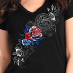 2025 Sturgis Motorcycle Rally Patriotic Roses Black Ladies Tee