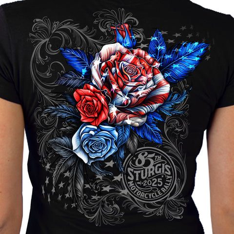 2025 Sturgis Motorcycle Rally Patriotic Roses Black Ladies Tee