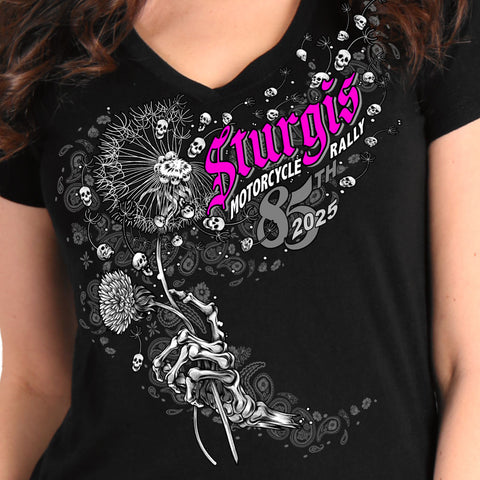 2025 Sturgis Motorcycle Rally Dandelion Black Ladies Tee