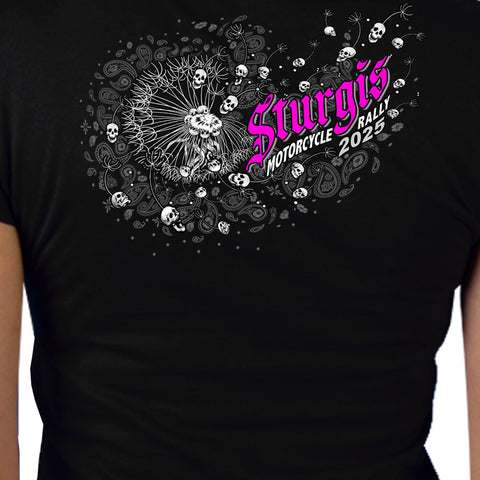 2025 Sturgis Motorcycle Rally Dandelion Black Ladies Tee