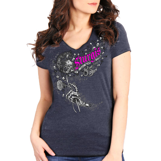 2025 Sturgis Motorcycle Rally Dandelion Heather Navy Ladies Tee