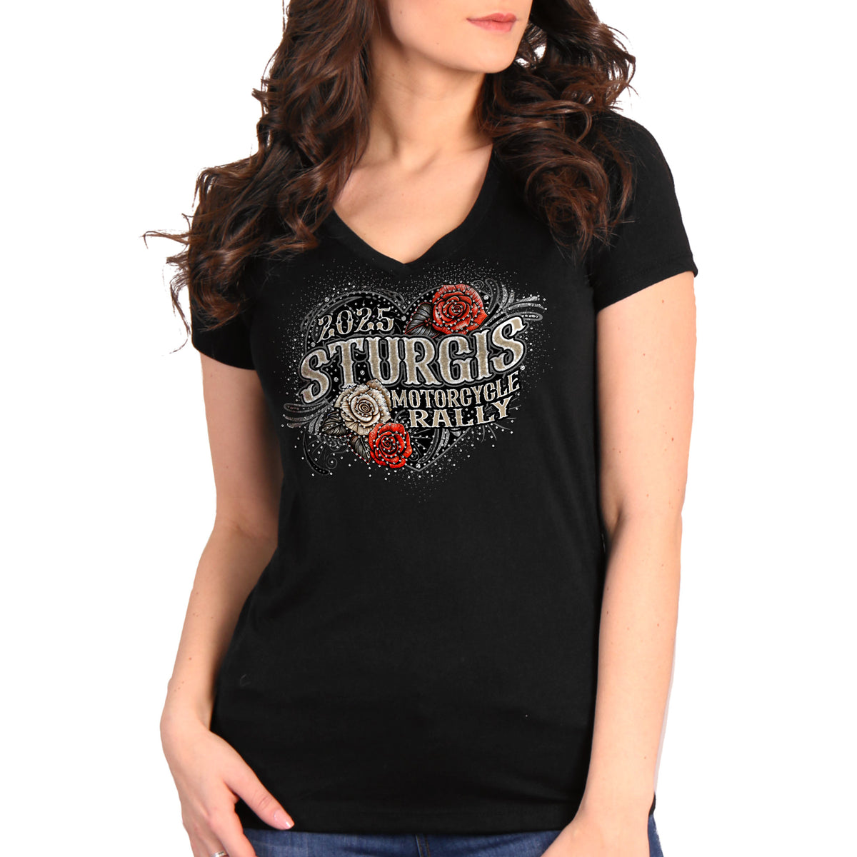 2025 Sturgis Motorcycle Rally Leather Wings Black Ladies Tee