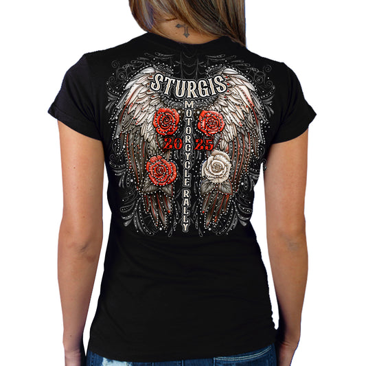 2025 Sturgis Motorcycle Rally Leather Wings Black Ladies Tee