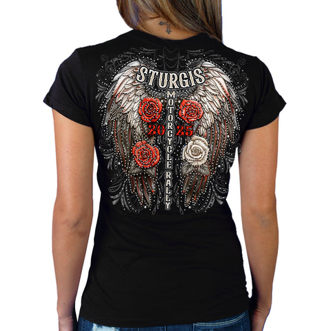 2025 Sturgis Motorcycle Rally Leather Wings Black Ladies Tee