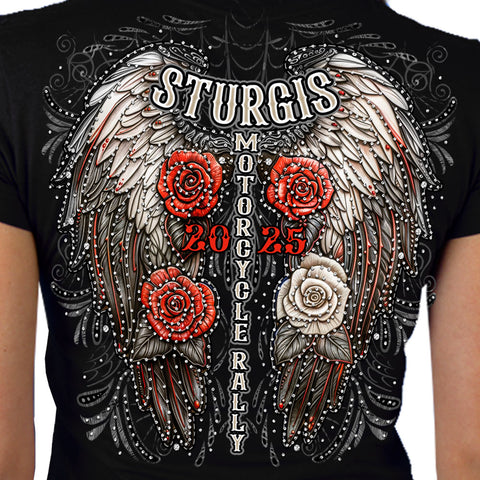 2025 Sturgis Motorcycle Rally Leather Wings Black Ladies Tee