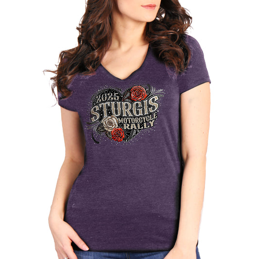 2025 Sturgis Motorcycle Rally Leather Wings Purple Ladies Tee