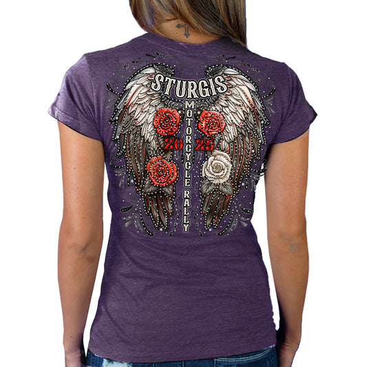 2025 Sturgis Motorcycle Rally Leather Wings Purple Ladies Tee