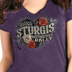2025 Sturgis Motorcycle Rally Leather Wings Purple Ladies Tee