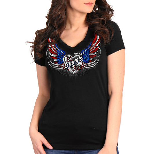 2025 Sturgis Motorcycle Rally Flag Heart Angel Black Ladies Tee