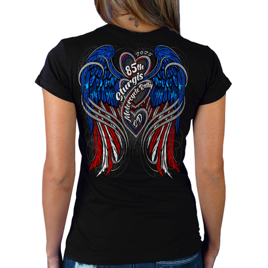 2025 Sturgis Motorcycle Rally Flag Heart Angel Black Ladies Tee