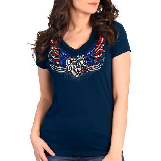 2025 Sturgis Motorcycle Rally Flag Heart Angel Navy Ladies Tee