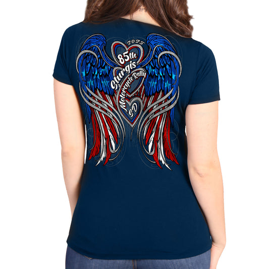 2025 Sturgis Motorcycle Rally Flag Heart Angel Navy Ladies Tee