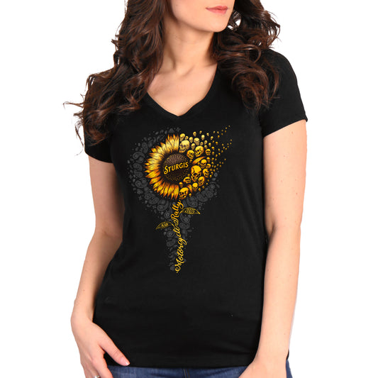 2025 Sturgis Motorcycle Rally Sunflower Skulls Black Ladies Tee