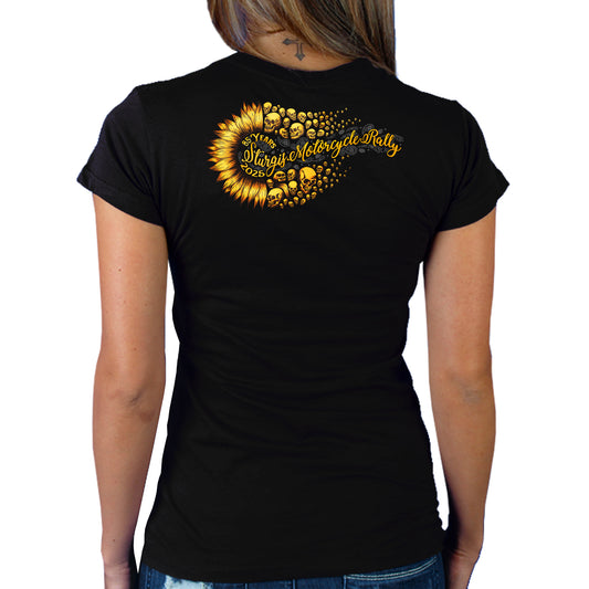 2025 Sturgis Motorcycle Rally Sunflower Skulls Black Ladies Tee