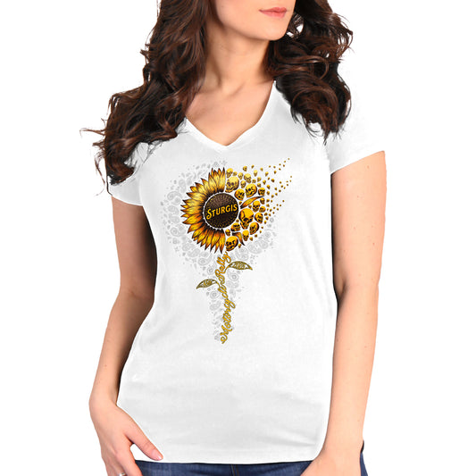 2025 Sturgis Motorcycle Rally Sunflower Skulls White Ladies Tee