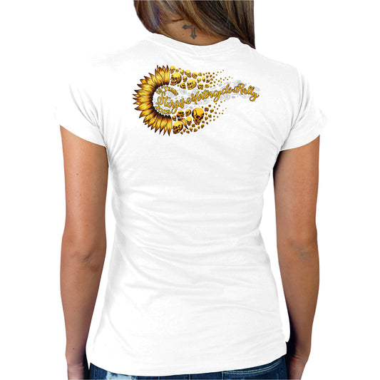 2025 Sturgis Motorcycle Rally Sunflower Skulls White Ladies Tee