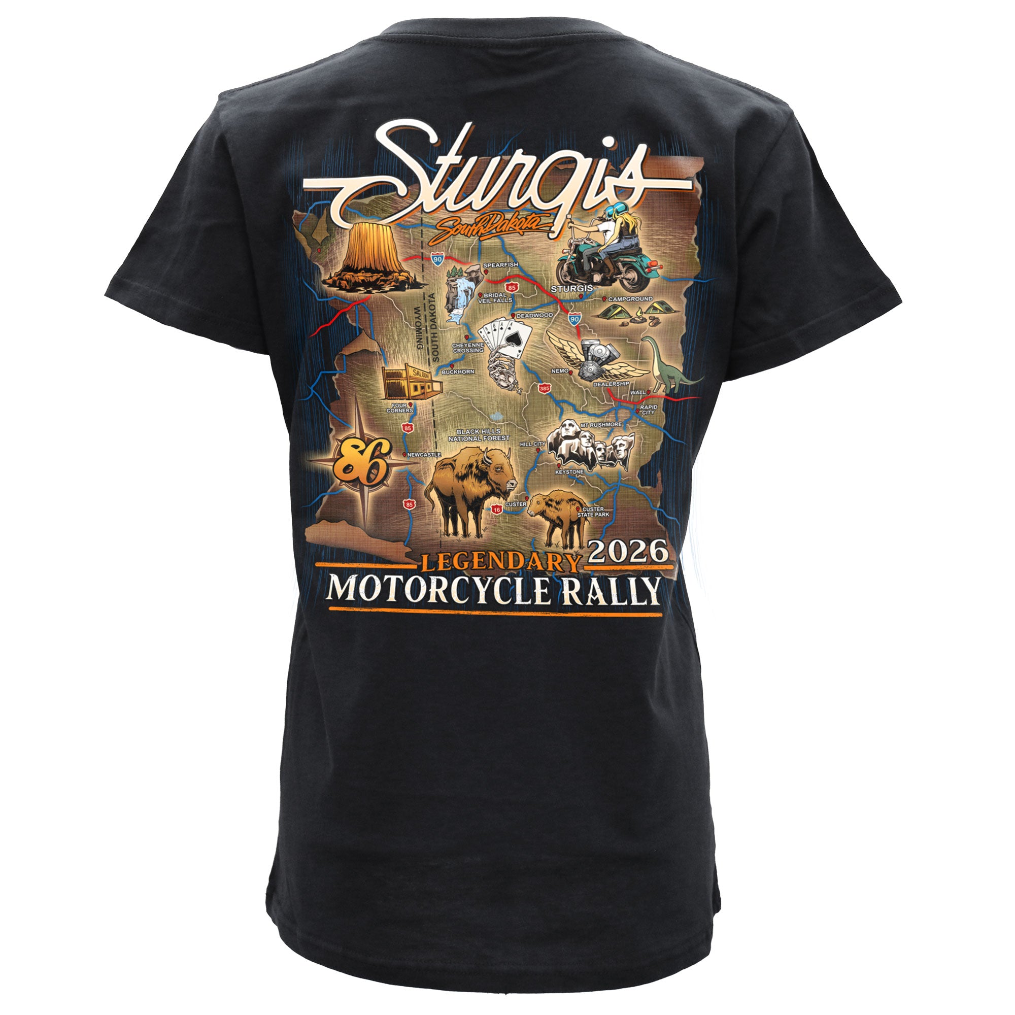 2026 Sturgis Motorcycle Rally Attractions Ladies Black SS V Neck T