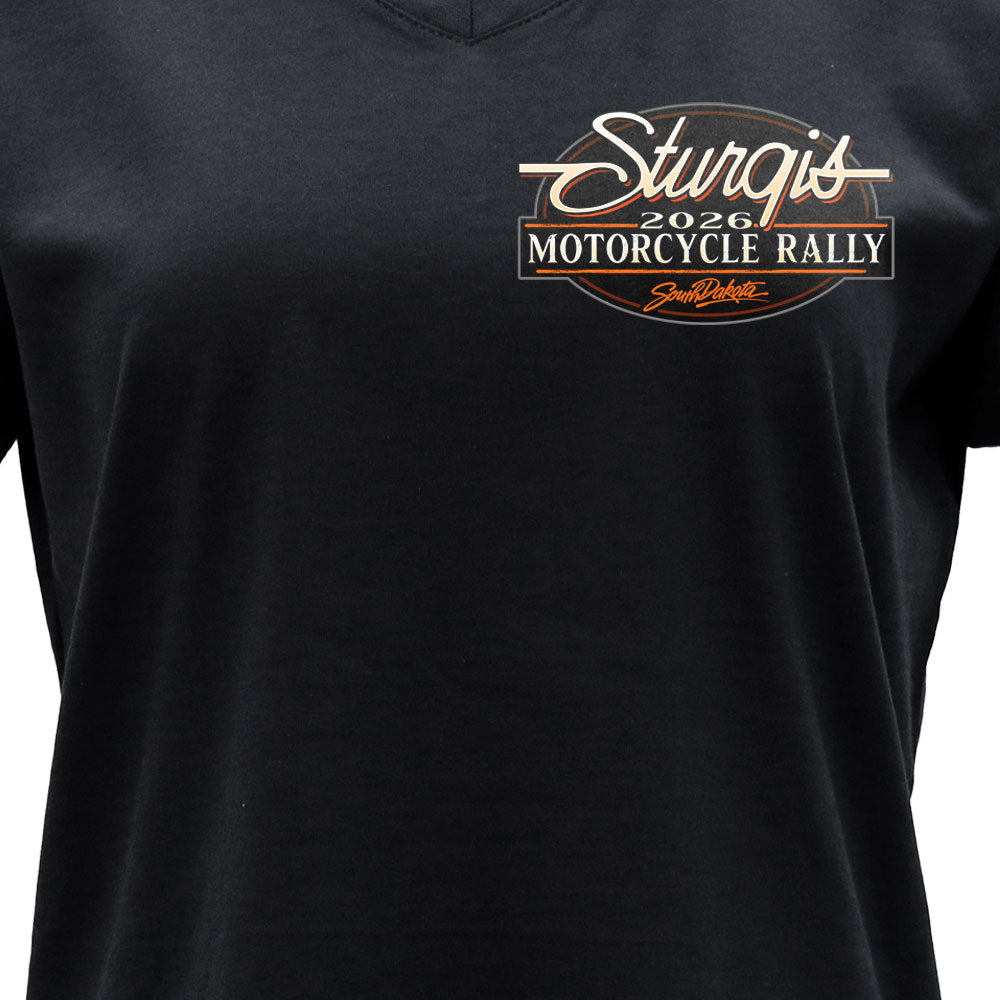 2026 Sturgis Motorcycle Rally Attractions Ladies Black SS V Neck T-Shirt SPL1932