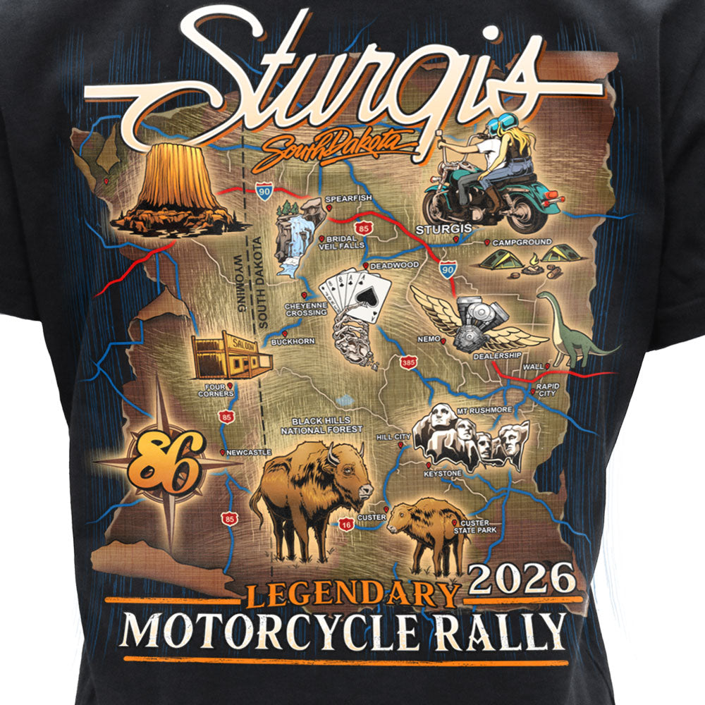 2026 Sturgis Motorcycle Rally Attractions Ladies Black SS V Neck T-Shirt SPL1932