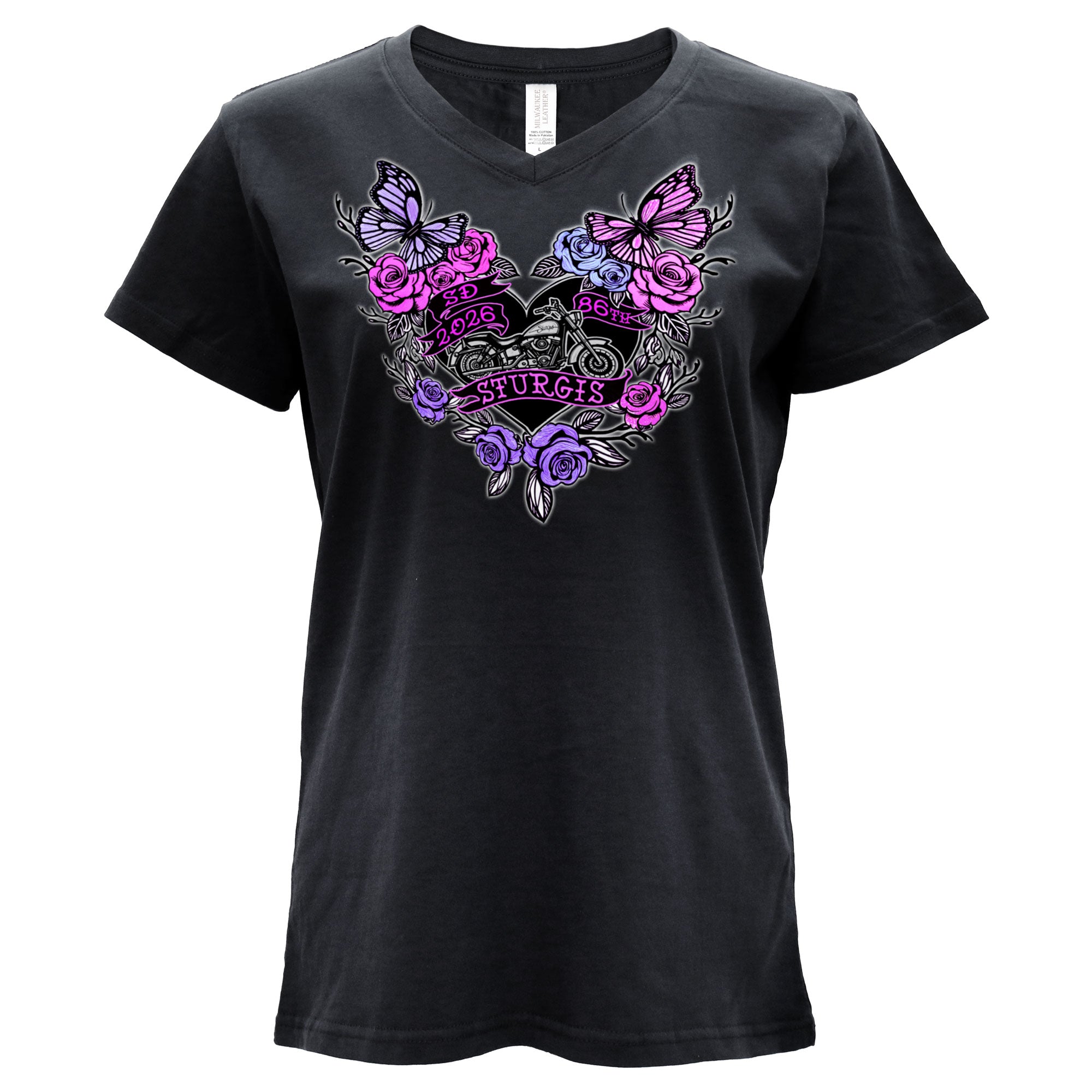2026 Sturgis Motorcycle Rally Butterflies & Roses Ladies Black SS V Neck T-Shirt SPL1934