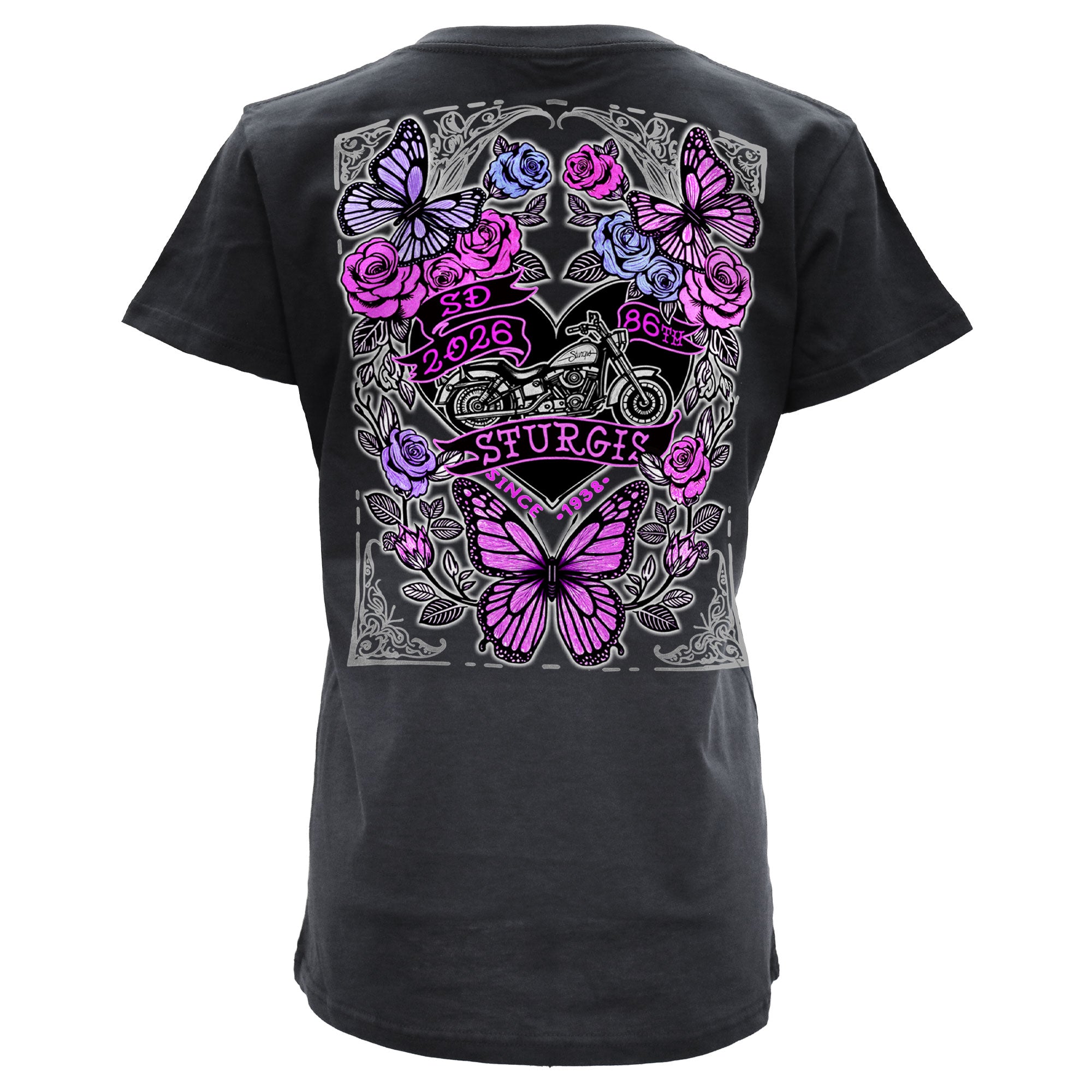 2026 Sturgis Motorcycle Rally Butterflies & Roses Ladies Black SS V Neck T-Shirt SPL1934