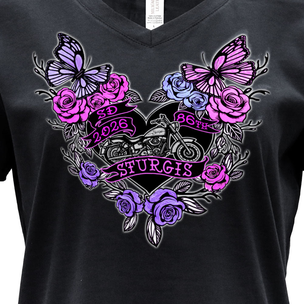 2026 Sturgis Motorcycle Rally Butterflies & Roses Ladies Black SS V Neck T-Shirt SPL1934