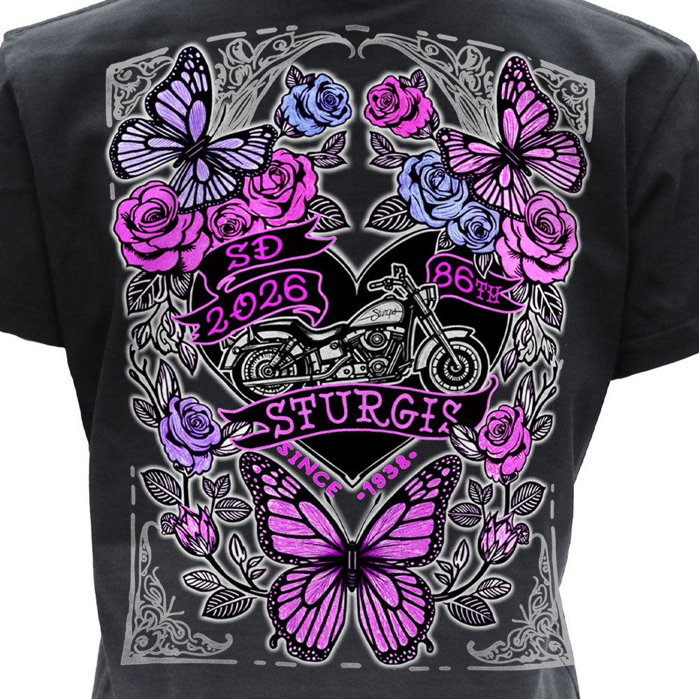 2026 Sturgis Motorcycle Rally Butterflies & Roses Ladies Black SS V Neck T-Shirt SPL1934