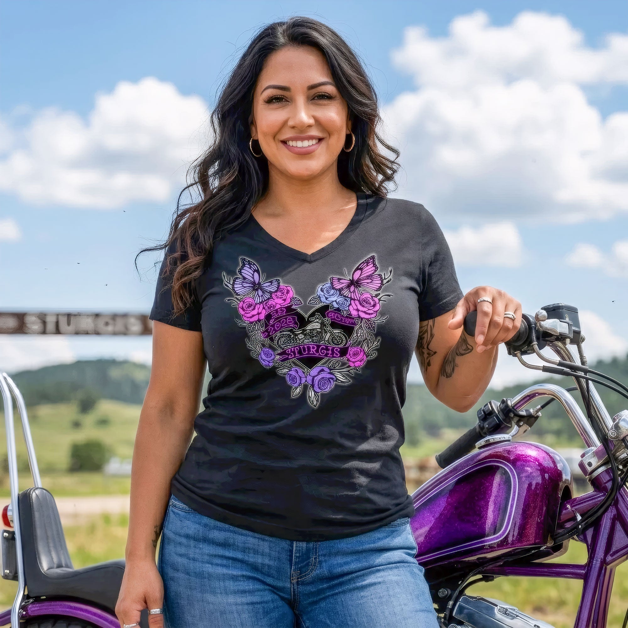 2026 Sturgis Motorcycle Rally Butterflies & Roses Ladies Black SS V Neck T-Shirt SPL1934