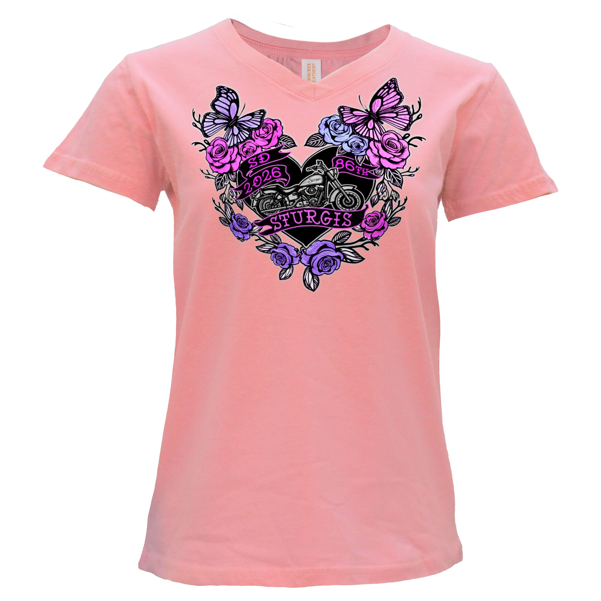 2026 Sturgis Motorcycle Rally Butterflies & Roses Ladies Pink SS V Neck T-Shirt SPL1935