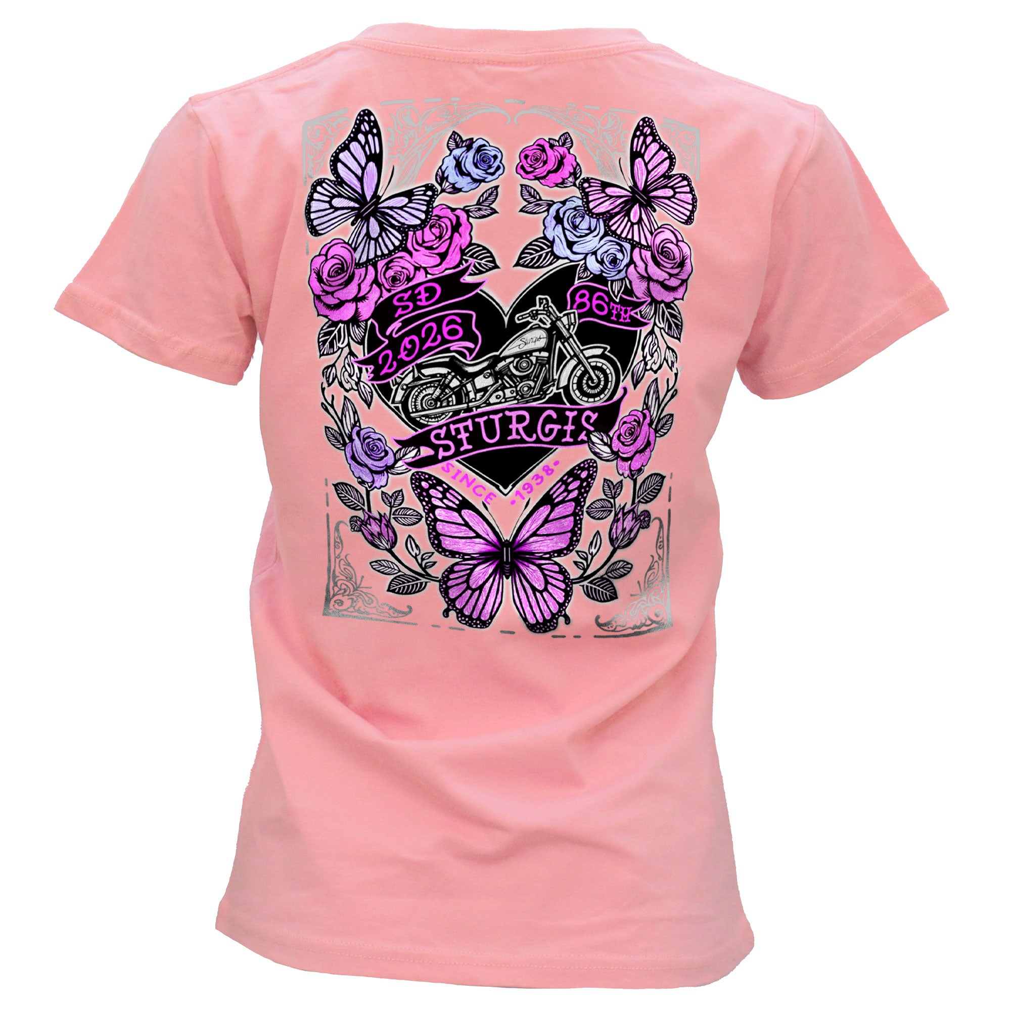 2026 Sturgis Motorcycle Rally Butterflies & Roses Ladies Pink SS V Neck T-Shirt SPL1935