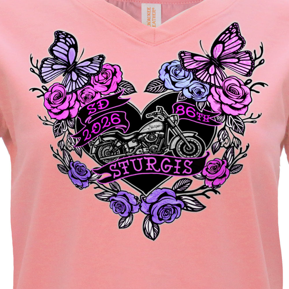2026 Sturgis Motorcycle Rally Butterflies & Roses Ladies Pink SS V Neck T-Shirt SPL1935