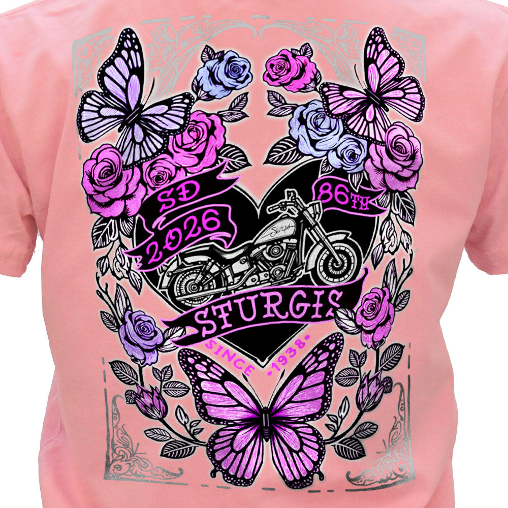 2026 Sturgis Motorcycle Rally Butterflies & Roses Ladies Pink SS V Neck T-Shirt SPL1935