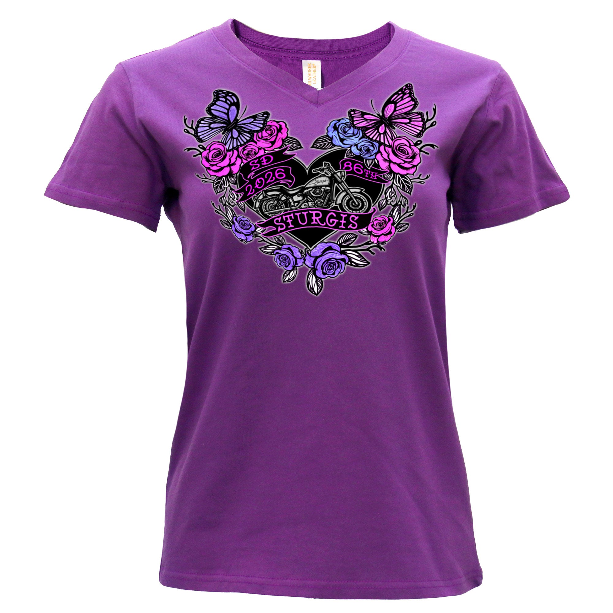2026 Sturgis Motorcycle Rally Butterflies & Roses Ladies Purple SS V Neck T-Shirt SPL1936