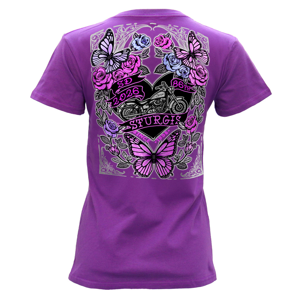 2026 Sturgis Motorcycle Rally Butterflies & Roses Ladies Purple SS V Neck T-Shirt SPL1936