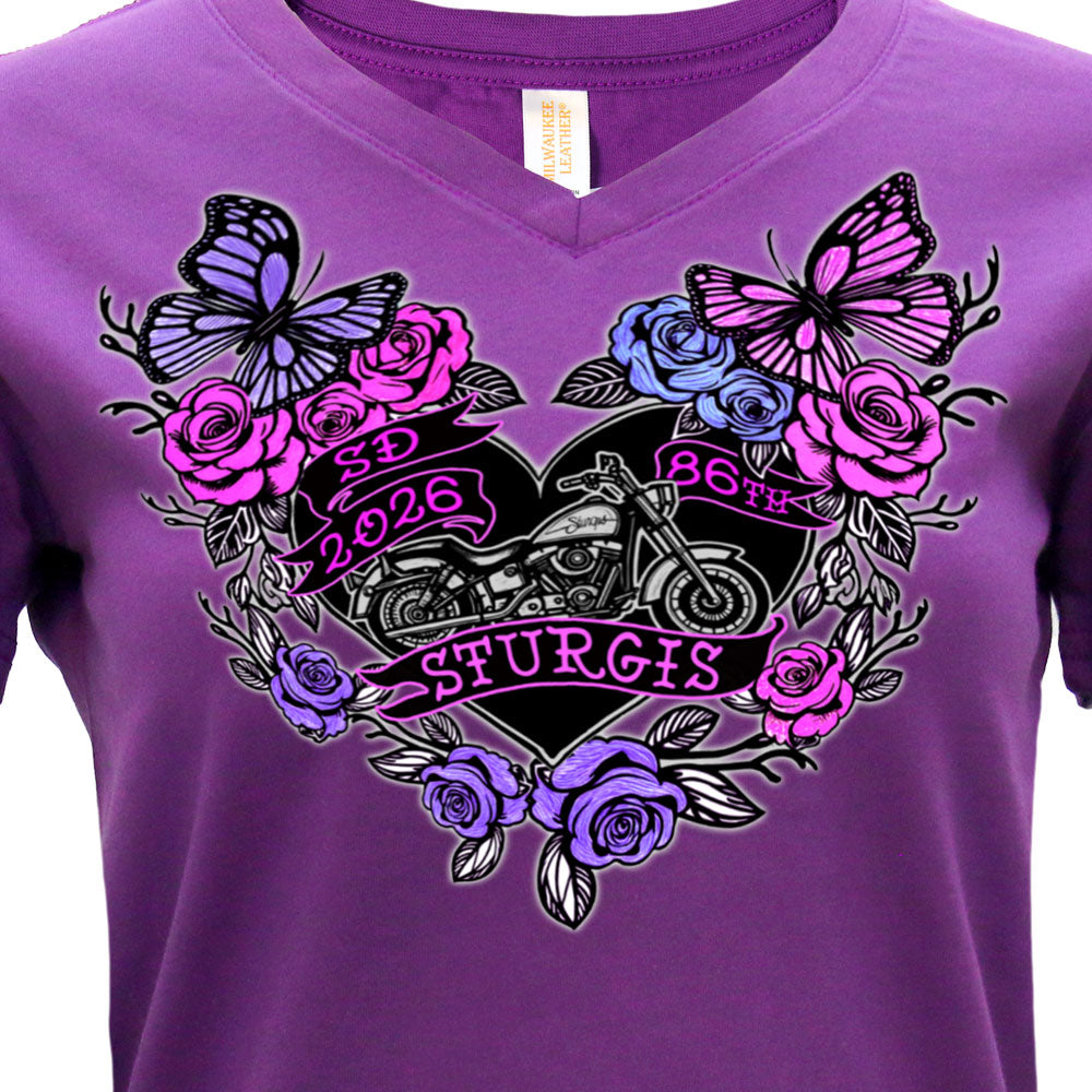 2026 Sturgis Motorcycle Rally Butterflies & Roses Ladies Purple SS V Neck T-Shirt SPL1936