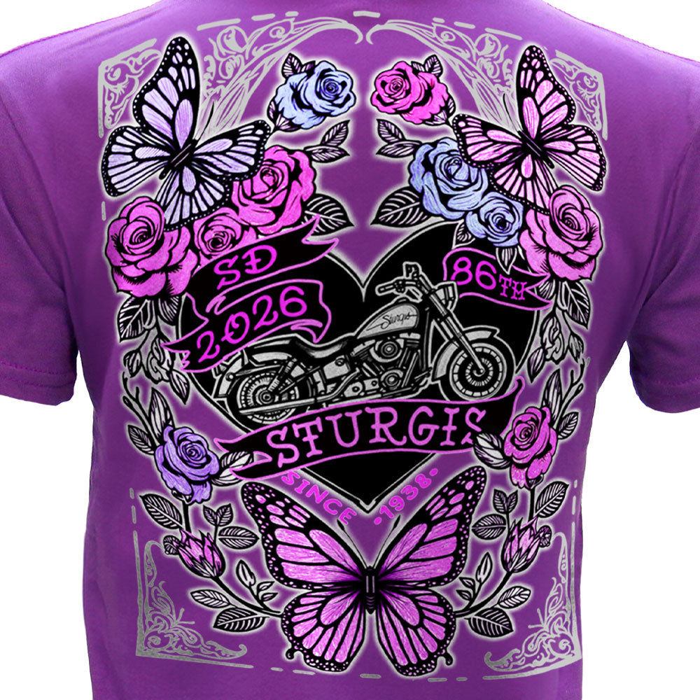 2026 Sturgis Motorcycle Rally Butterflies & Roses Ladies Purple SS V Neck T-Shirt SPL1936