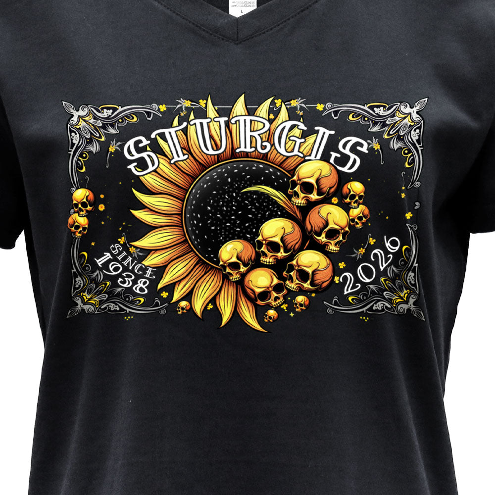 2026 Sturgis Motorcycle Rally Cosmic Flowers Ladies Black SS V Neck T-Shirt SPL1937